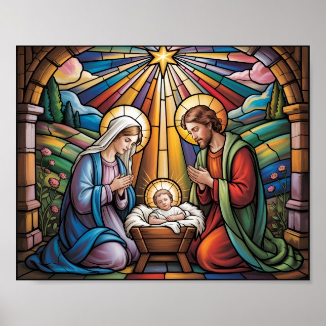 Poster Nativity Stained Glass Art – Holy Family Christmas (Devant)