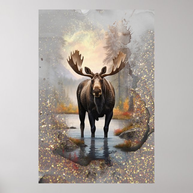 Poster *~* Nature AP49 MOOSE Artsy Forest Stream Sparkle (Devant)