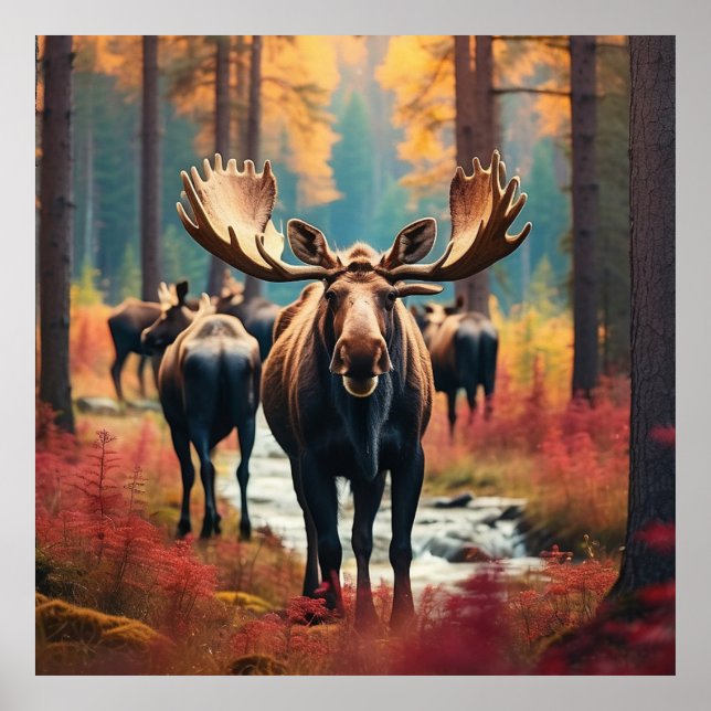 Poster *~* Nature AP49 MOOSE Forest PINES STREAM (Devant)