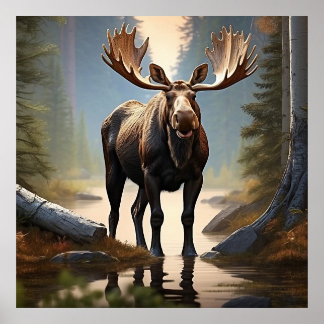 Poster *~* Nature AP49 MOOSE Forest STREAM Woods (Devant)