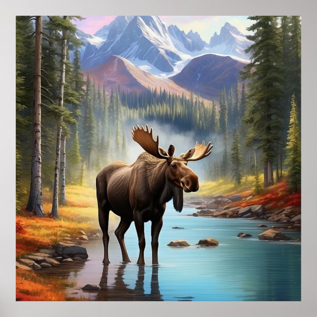 Poster *~* Nature AP49 MOOSE Mountain Forest STREAM (Devant)