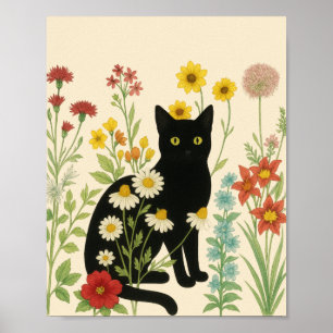 Poster Nature botanique – Chat noir dans un jardin de fle