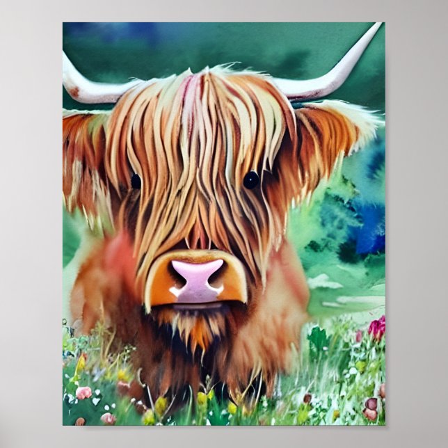Poster Nature Highland Cow aquarelle (Devant)