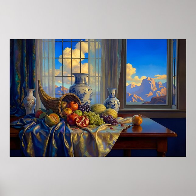 Poster Nature morte avec fenêtre bleue et pics lointains (Devant)