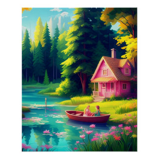 Poster Nature Scenery with Pink Cottage-68884