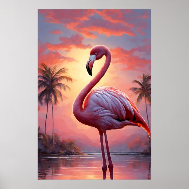 Poster Nature Sunset Flamant rose rose Vintage (Devant)