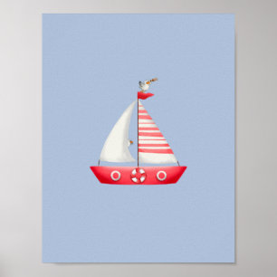 Poster Nautical Beach Red Sailboat With Seagulls Nursery