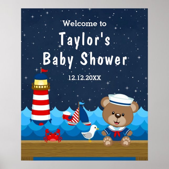 Poster Nautical Boy Bear Red Navy Baby shower Bienvenue (Devant)
