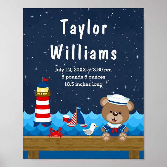 Poster Nautical Boy Bear Statistiques de naissance de la  (Devant)