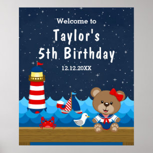 Poster Nautical Girl Bear Red Navy Anniversaire Bienvenue