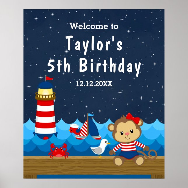 Poster Nautical Girl Monkey Red Navy Anniversaire Bienven (Devant)