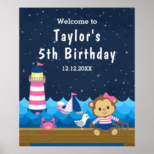 Poster Nautical Girl Monkey Rose Navy Anniversaire Bienve (Devant)