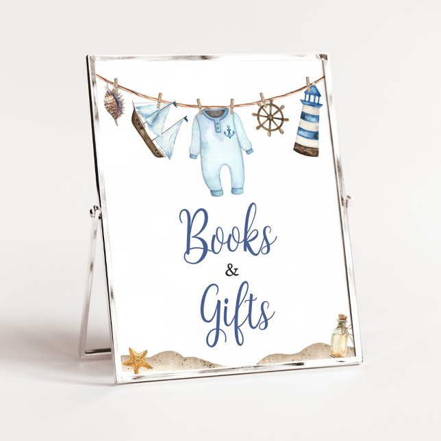 Poster Nautical Sailor Ahoy Baby showers Livres et Cadeau (Nautical Ahoy Baby Shower Books and Gifts Sign)