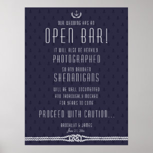 Poster Nautical Wedding Open Bar Sign 18x24 Blue Anchors