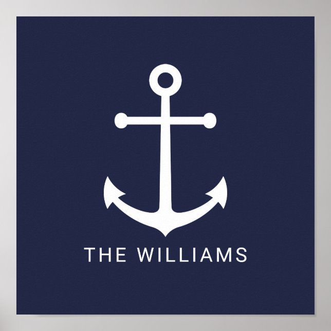 Poster Nautical White Anchor and Custom Nom on Navy Blue (Devant)