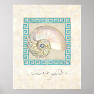 Poster Nautilus Shell aquarelle grecque clé Damask plage