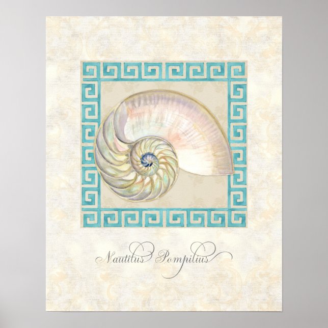 Poster Nautilus Shell aquarelle grecque clé Damask plage (Devant)