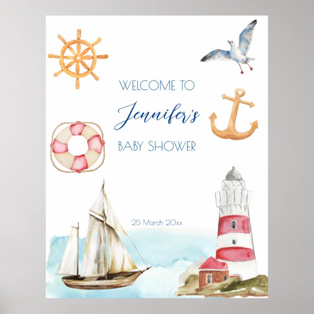 Poster Nautique marine thème de voile garçon baby shower (Devant)