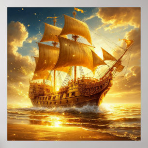 Poster Navire à voile doré sur la mer au coucher du solei
