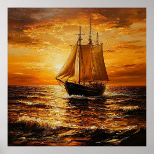 Poster Navire à voiles au coucher du soleil avec ciel dor