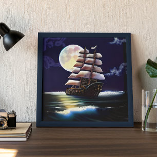 Poster Navire illuminé sur l'océan sous la lune