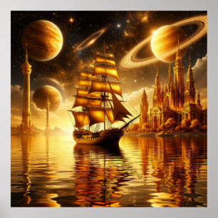 Poster Navire majestueux à voiles sous un ciel doré