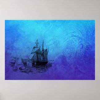 Poster Navire nautique et pieuvre