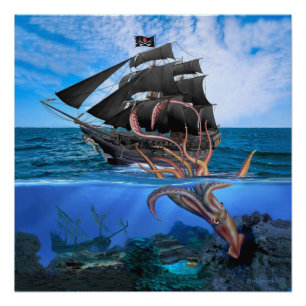 Poster Navire pirate contre le calmar géant