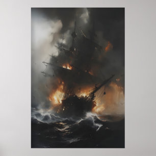 Poster Navire Pirate en Feu dans un Océan Tempétueux – Go