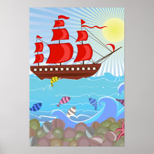 Poster Navire pirate rouge illustré