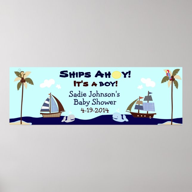 Poster Navires Ahoy Bannière Baby shower nautique (Devant)
