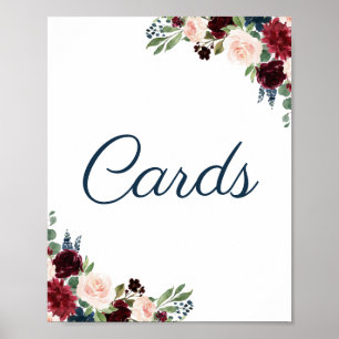Poster Navy and Marsala Floral Wedding Cards Sign