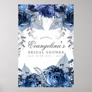 Poster Navy & Blanc et Accueil de Fête de Mariage en Feui