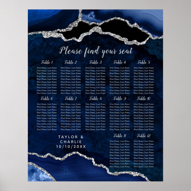 Poster Navy Blue and Silver Agate Wedding Seating Chart (Devant)