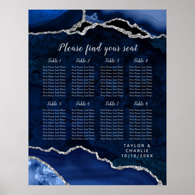 Poster Navy Blue and Silver Agate Wedding Seating Chart (Devant)
