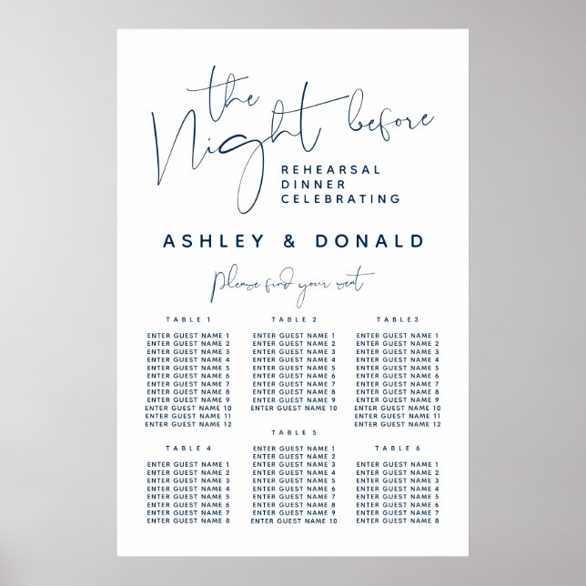 Poster Navy Blue, Dîner Mariage Cartes de sièges (Devant)