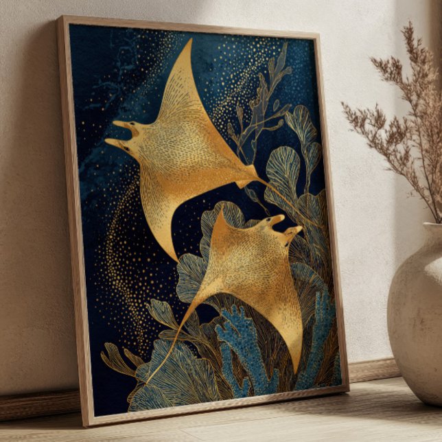 Poster Navy Blue& Gold Manta Rays Elegant Kintsugi Art (Créateur téléchargé)
