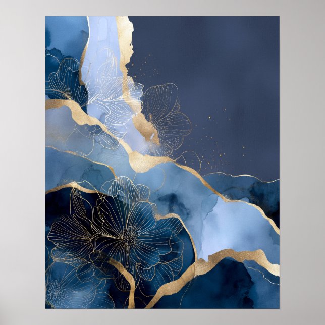 Poster Navy Blue Gold Modern Abstract Flowers Wall Art (Devant)