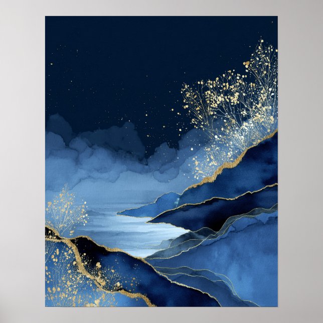 Poster Navy Blue Gold Modern Abstract Landscape Wall Art (Devant)
