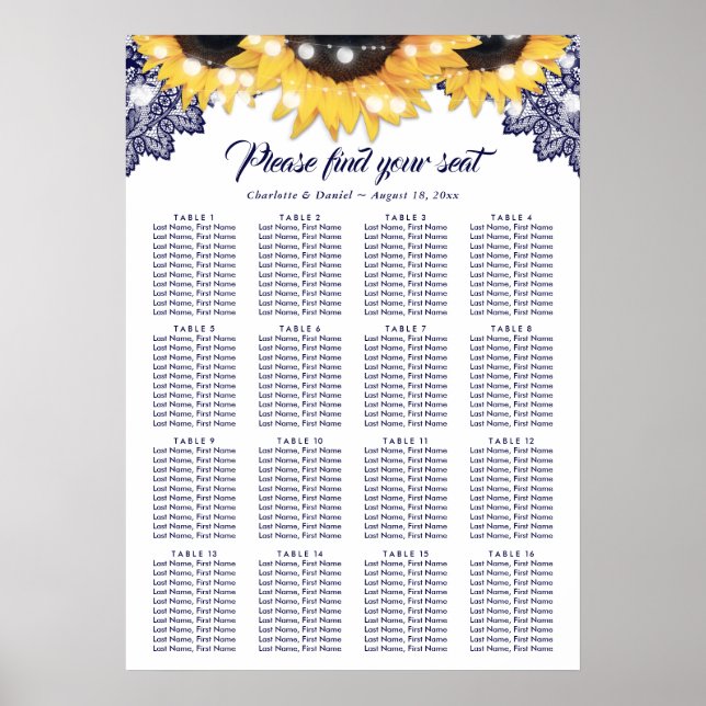 Poster Navy Blue Lace Sunflower Wedding Seating Chart 16 (Devant)