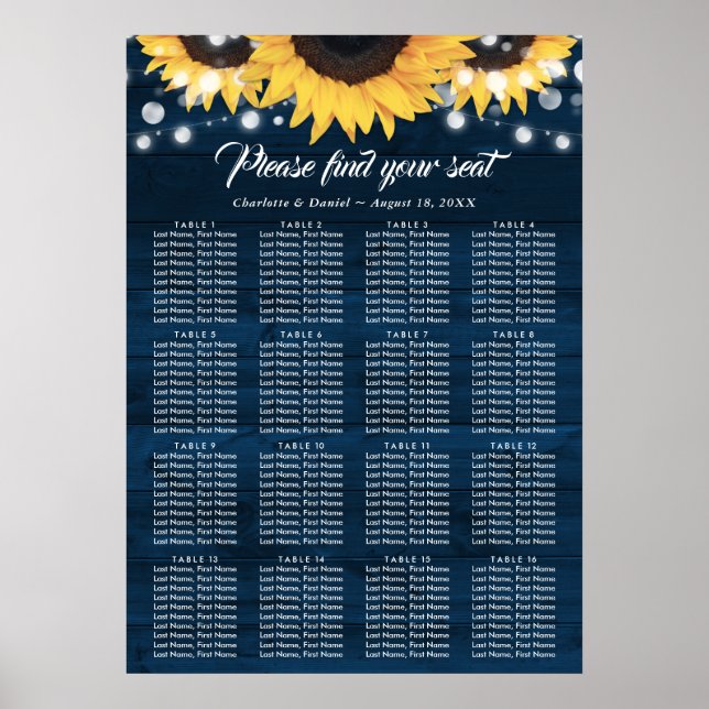 Poster Navy Blue Sunflower Wedding Seating Chart 16 (Devant)