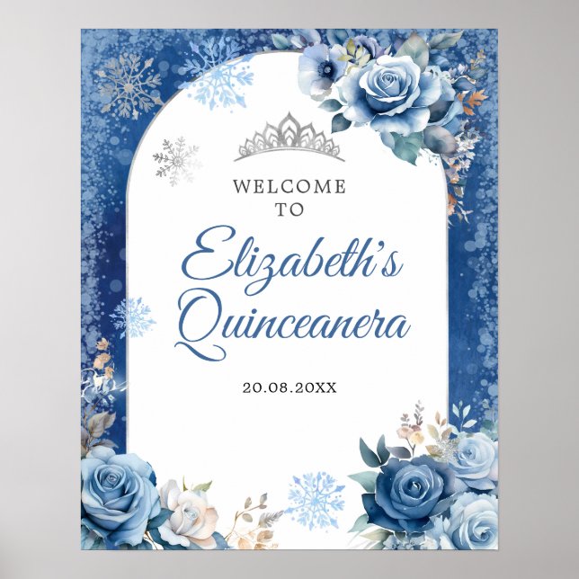 Poster Navy Blue Winter Snowflon Mis Quince Bienvenue (Devant)