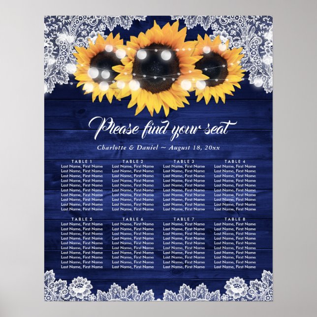 Poster Navy Blue Wood Lace Sunflower Seating Chart (Devant)