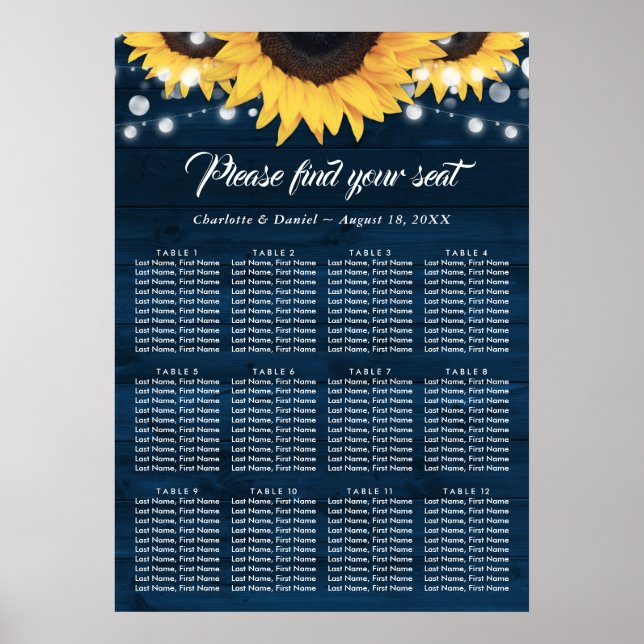Poster Navy Blue Wood Sunflower Wedding Seating Chart 12 (Devant)