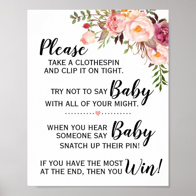 Poster Ne dites pas bébé jeu baby shower fleurs roses sig (Devant)