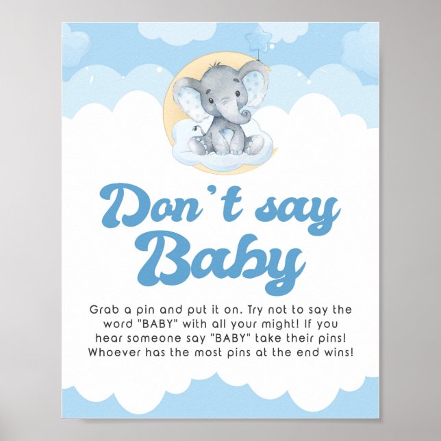 Poster Ne pas dire Baby Blue Elephant Baby shower Jeu Sig (Devant)