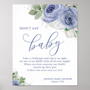 Poster Ne pas dire Baby Blue Silver Jeu de Baby shower Fl
