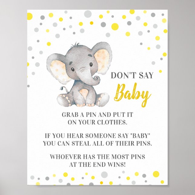 Poster Ne pas dire Baby Game Baby shower Eléphant Jaune (Devant)