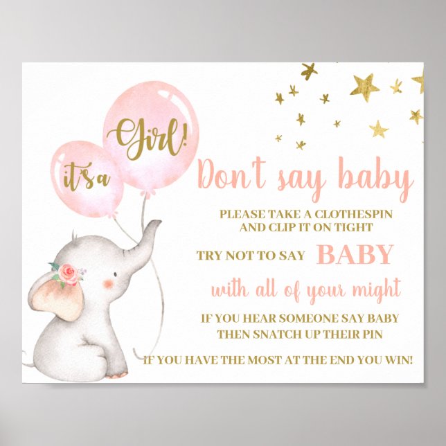 Poster Ne pas dire Baby shower fille rose éléphant signe (Devant)