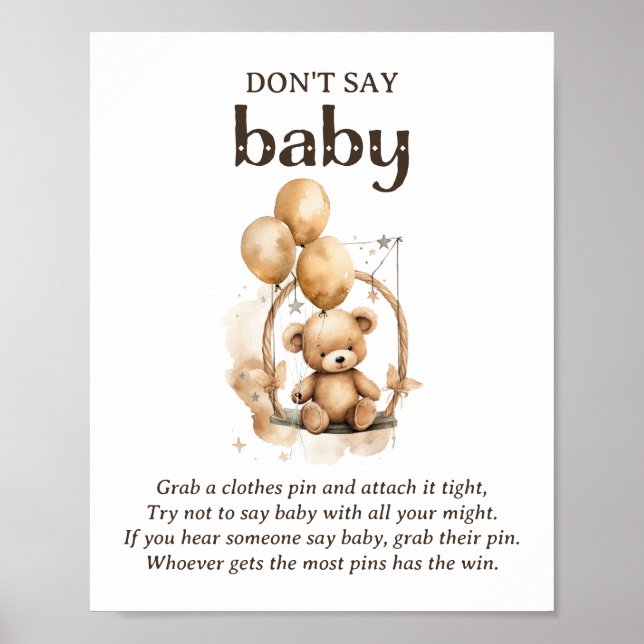 Poster Ne pas dire bébé Teddy Bear Baby shower jeu (Devant)